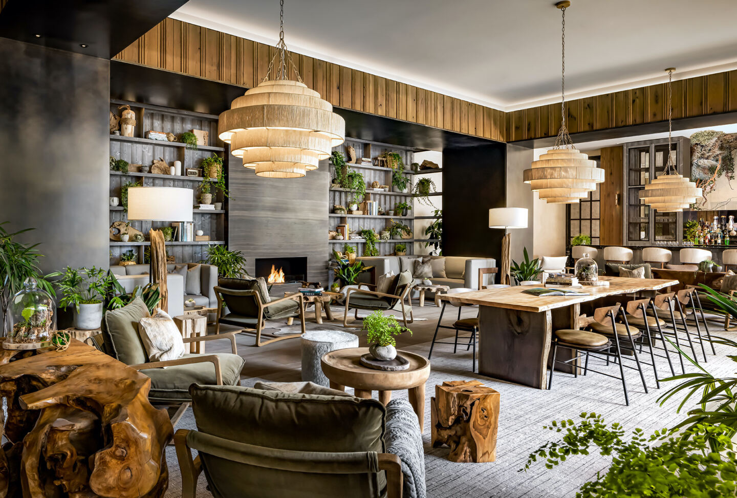 The lobby of 1 Hotel Toronto contains lots of biophilic design materials