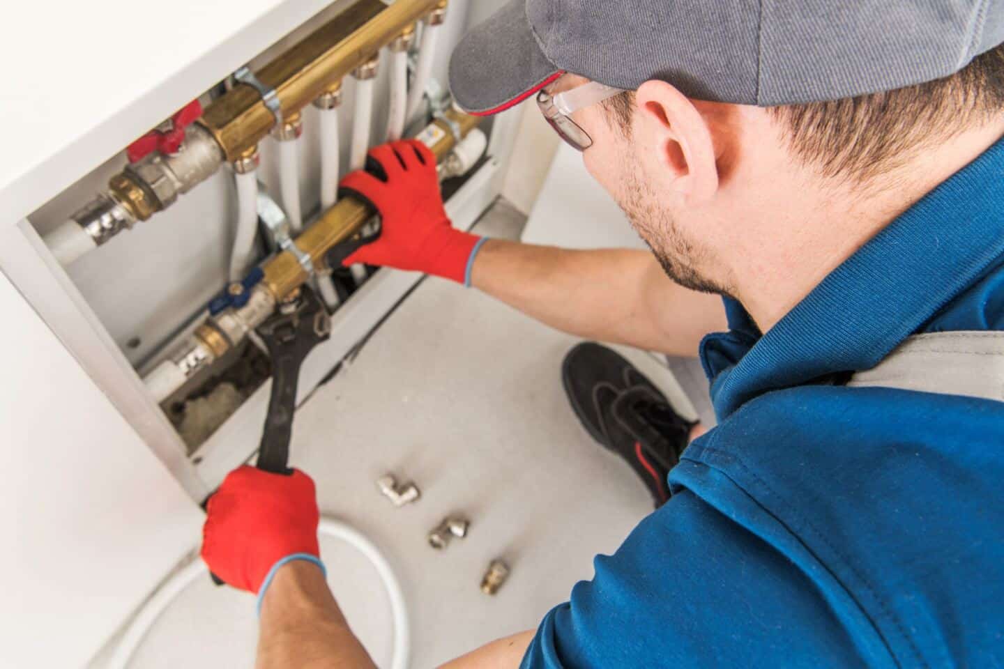 A plumber in blue overalls fixing pipes in a wall