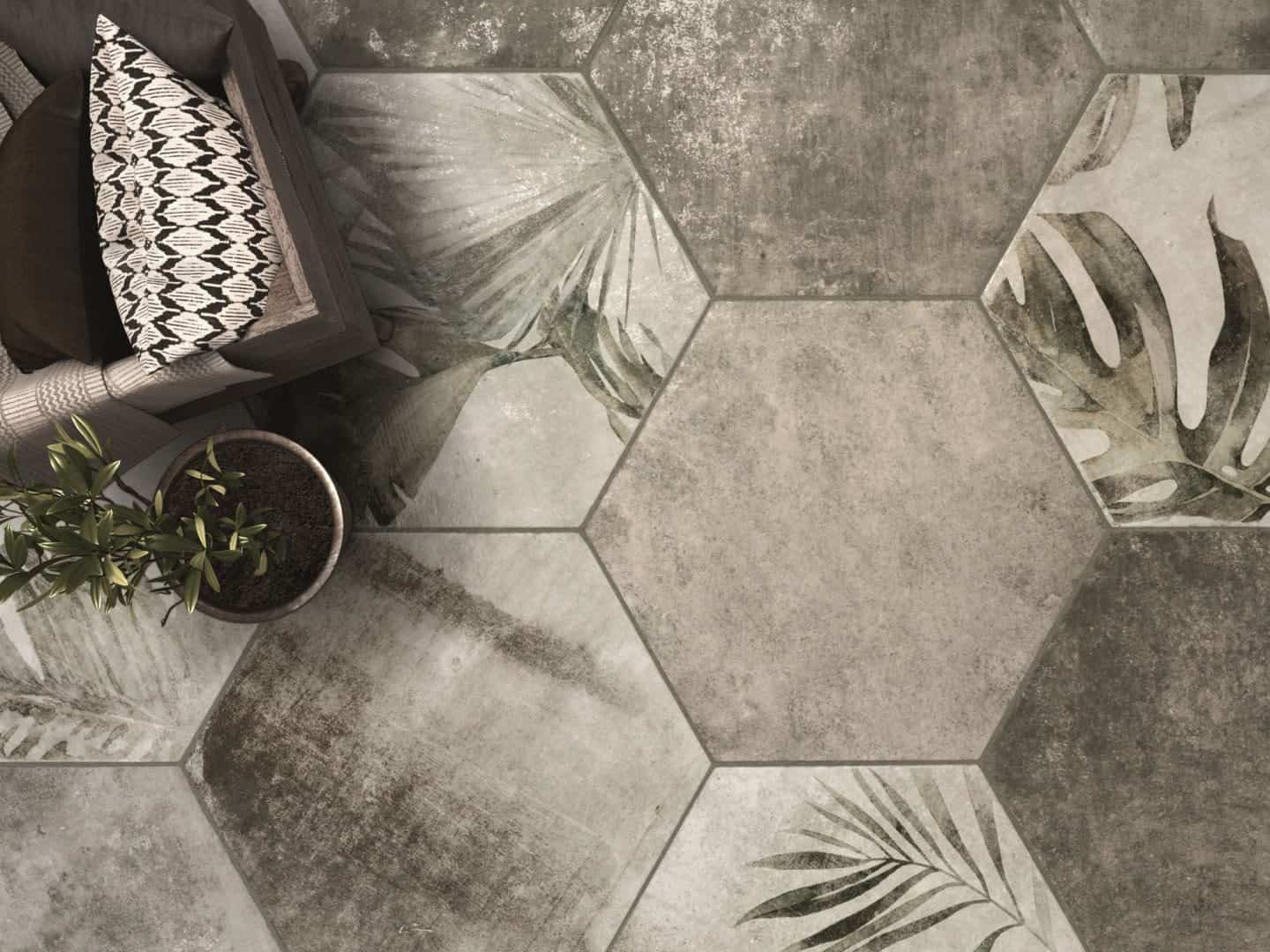 Amazonia botanical hexagon ceramic floor tiles