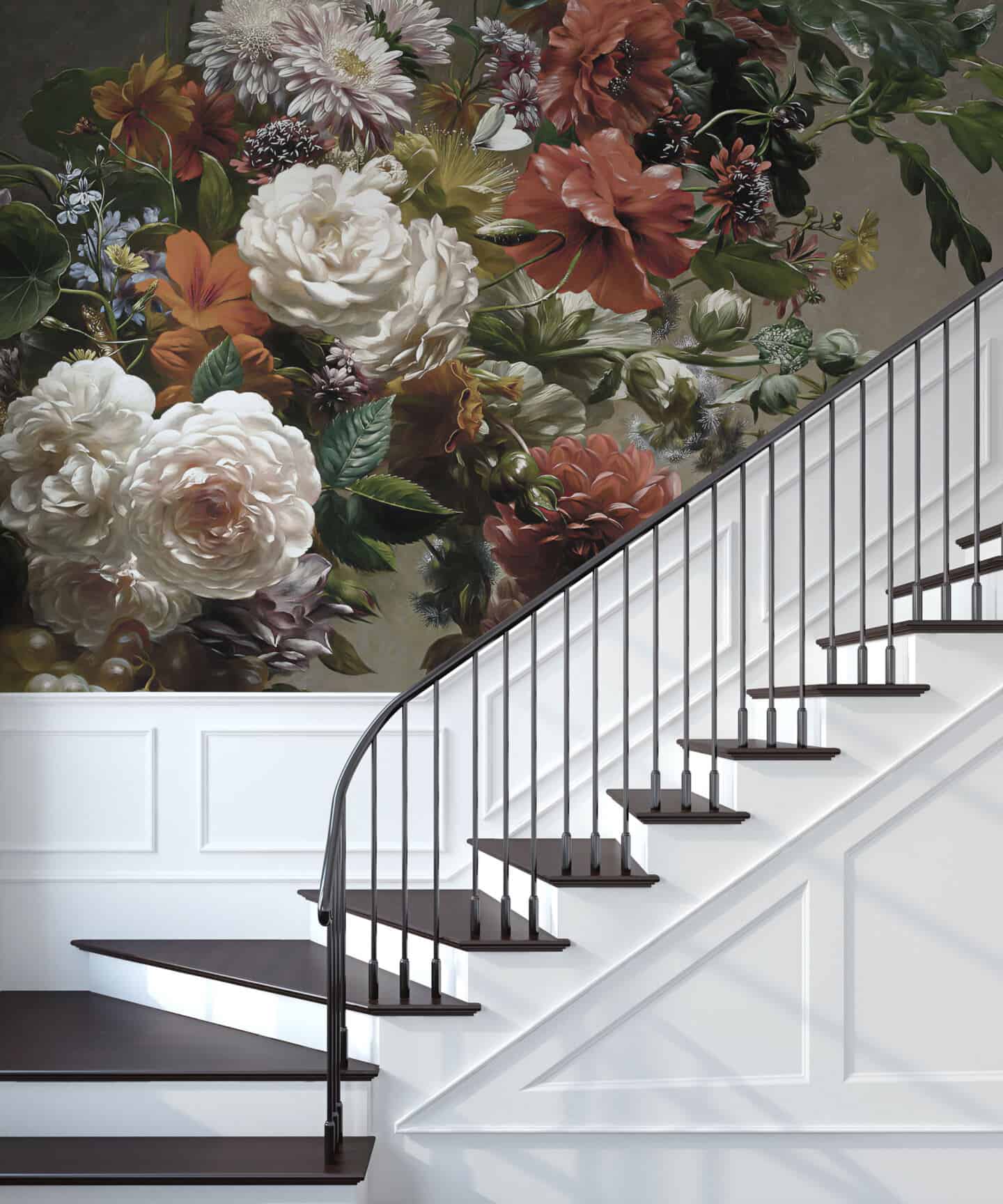 Bold floral wallpaper runs up the wall beside the stairs