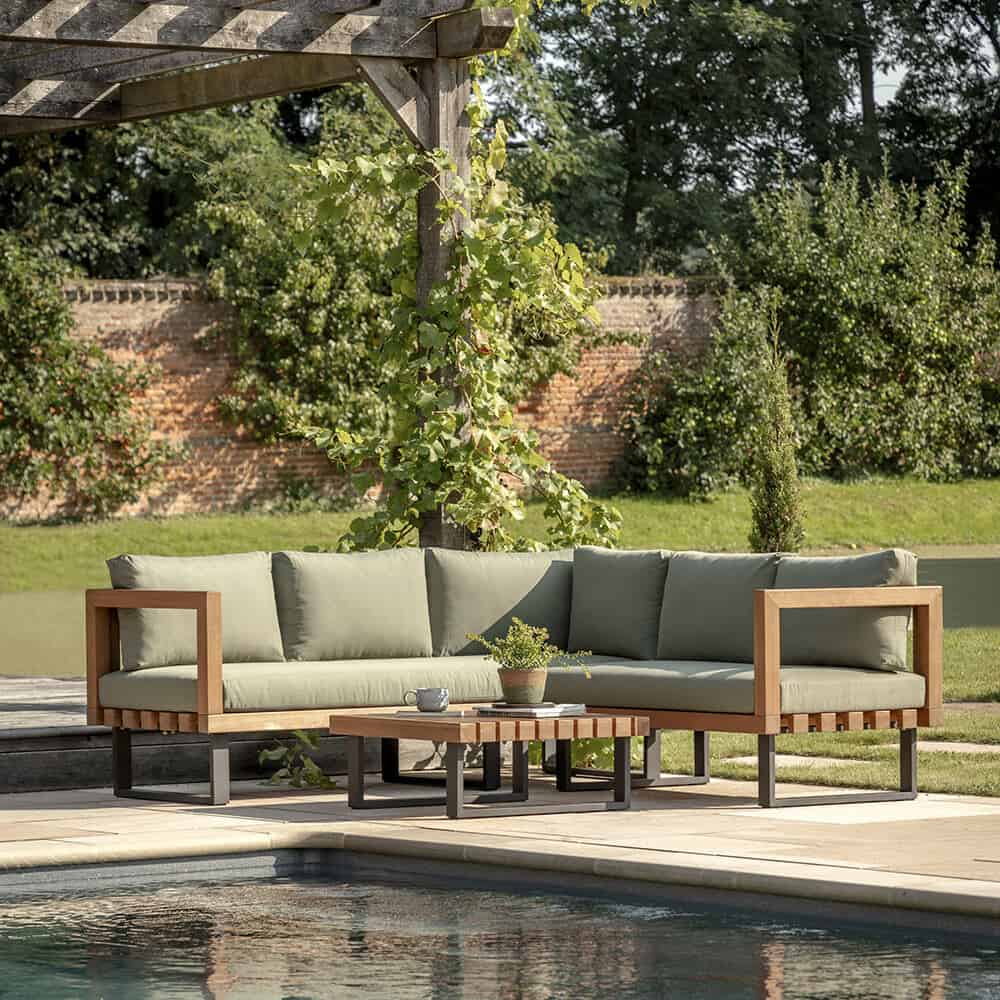 A seating area beside a pool