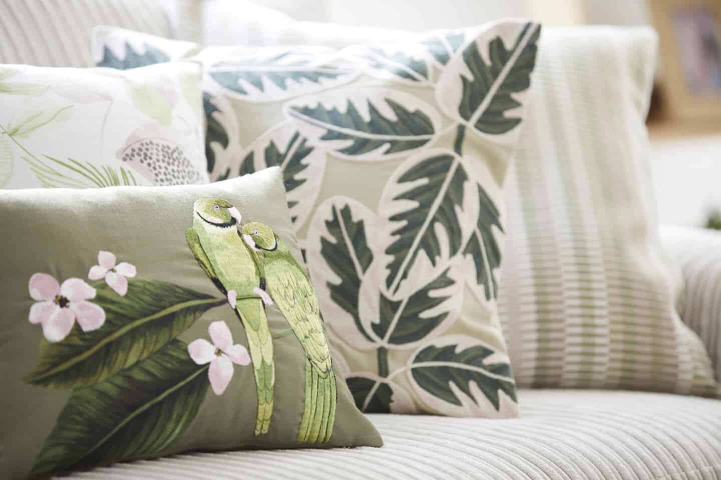 Sancturary is a SS20 interiors trend by Dunelm that features nature in interiors. These cushions feature lots of tactile textures, and leafy green prints.