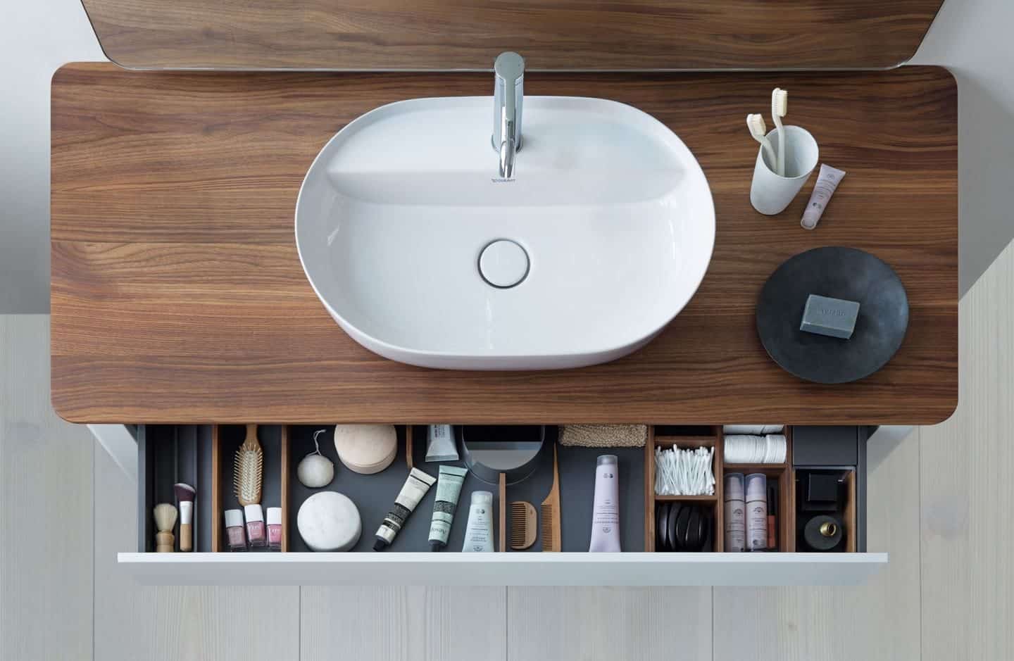 Ariel image of the bathroom basin from the Luv collection by luxury bathroom brand Duravit.