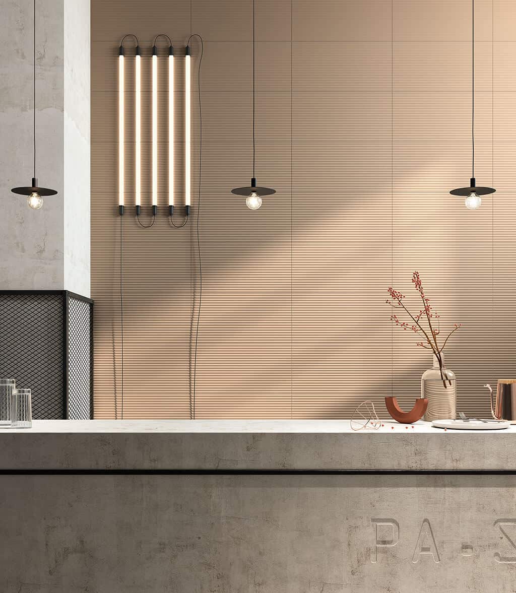 Linea mango textured wall tiles from European Heritage used behind a reception desk