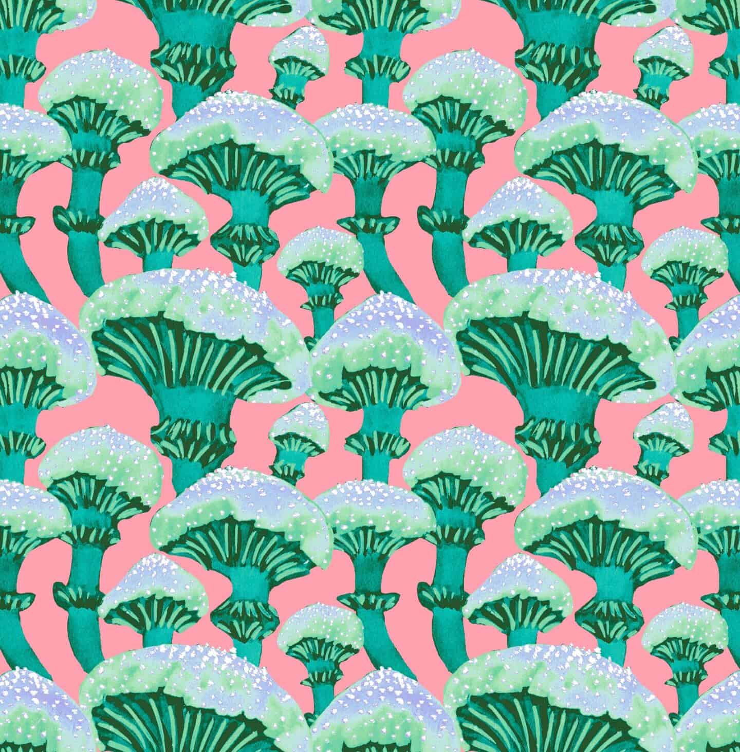 Fun Guy wallpaper from lust home featured green mushrooms on a peach background