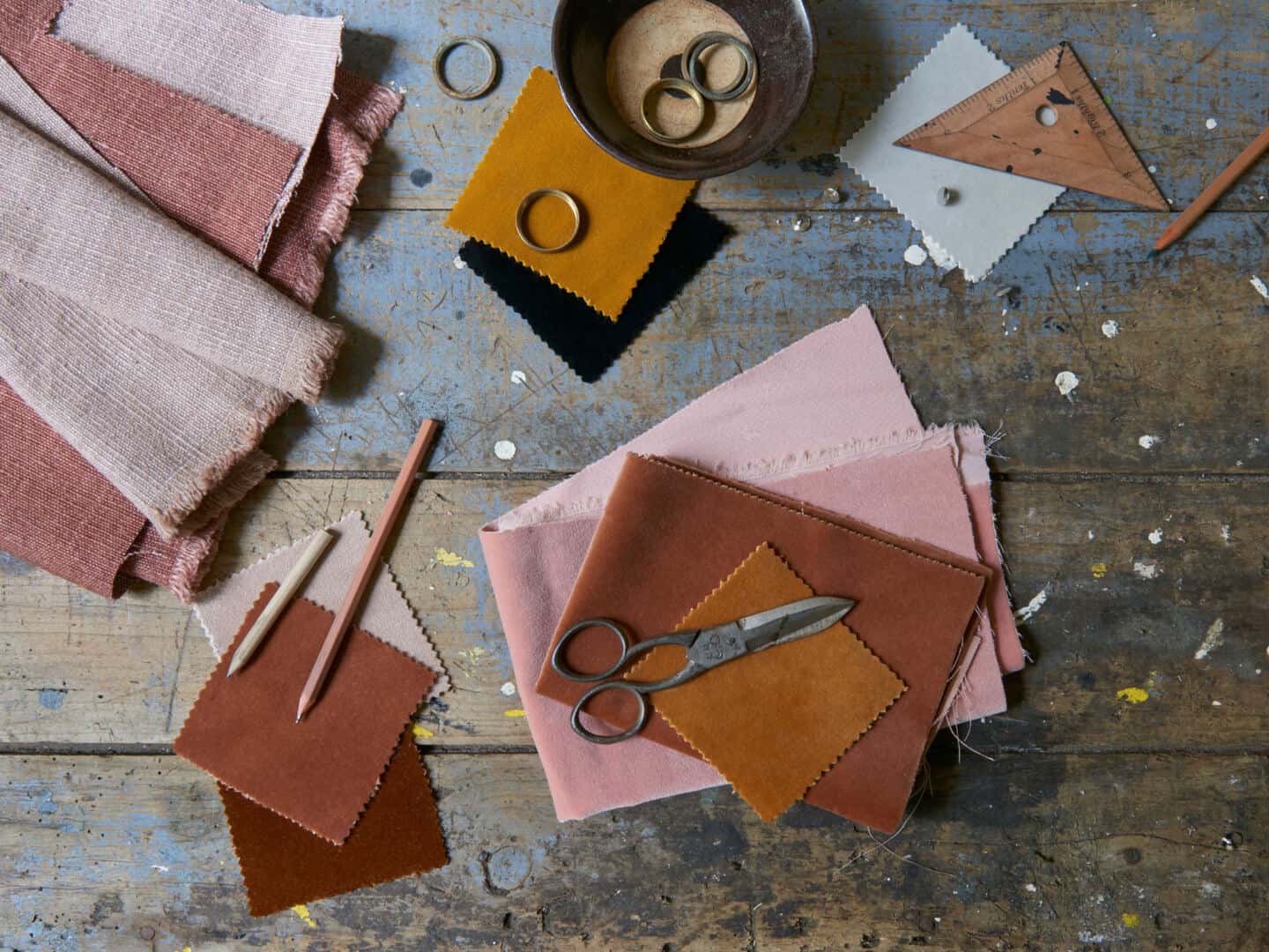Autumnal Hues in interiors -Loaf layered fabric swatches for AW 2020 in shades of red, orange and pink