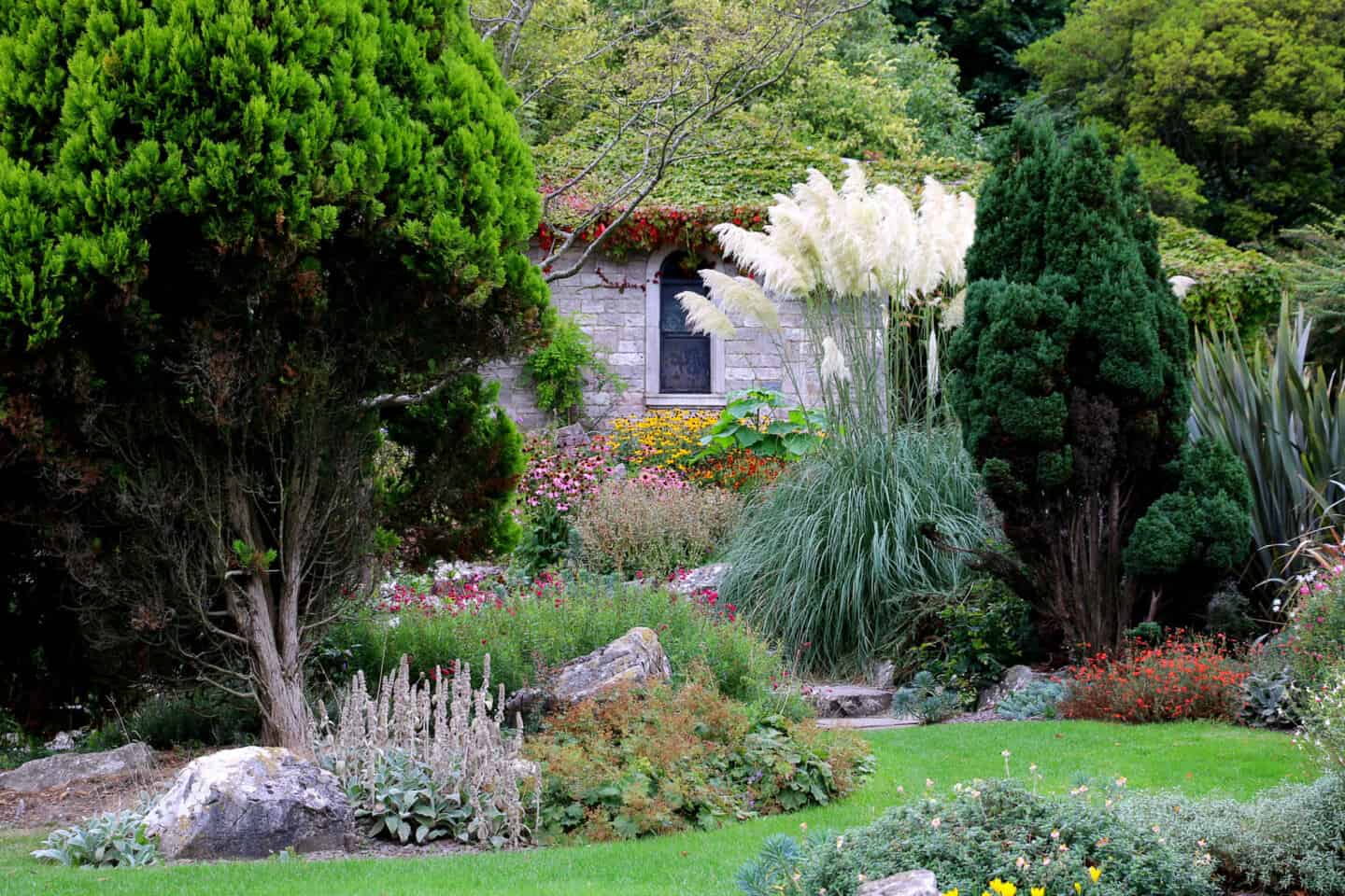 A beautiful colourful year-round garden full of evergreen trees and ornamental grasses