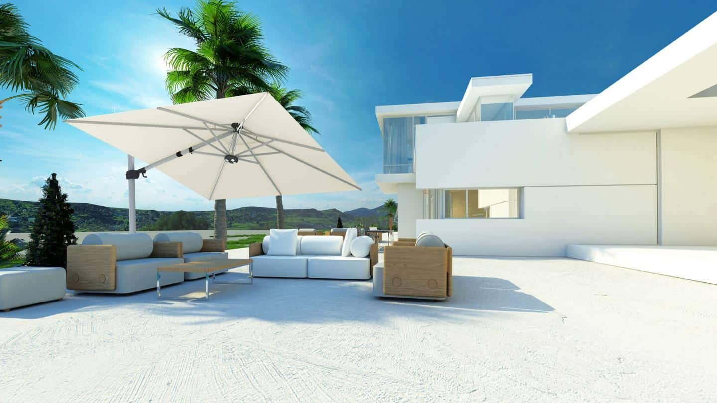 Garden Parasol from Solero Parasols. Large white square parasol angled above outdoor sofas