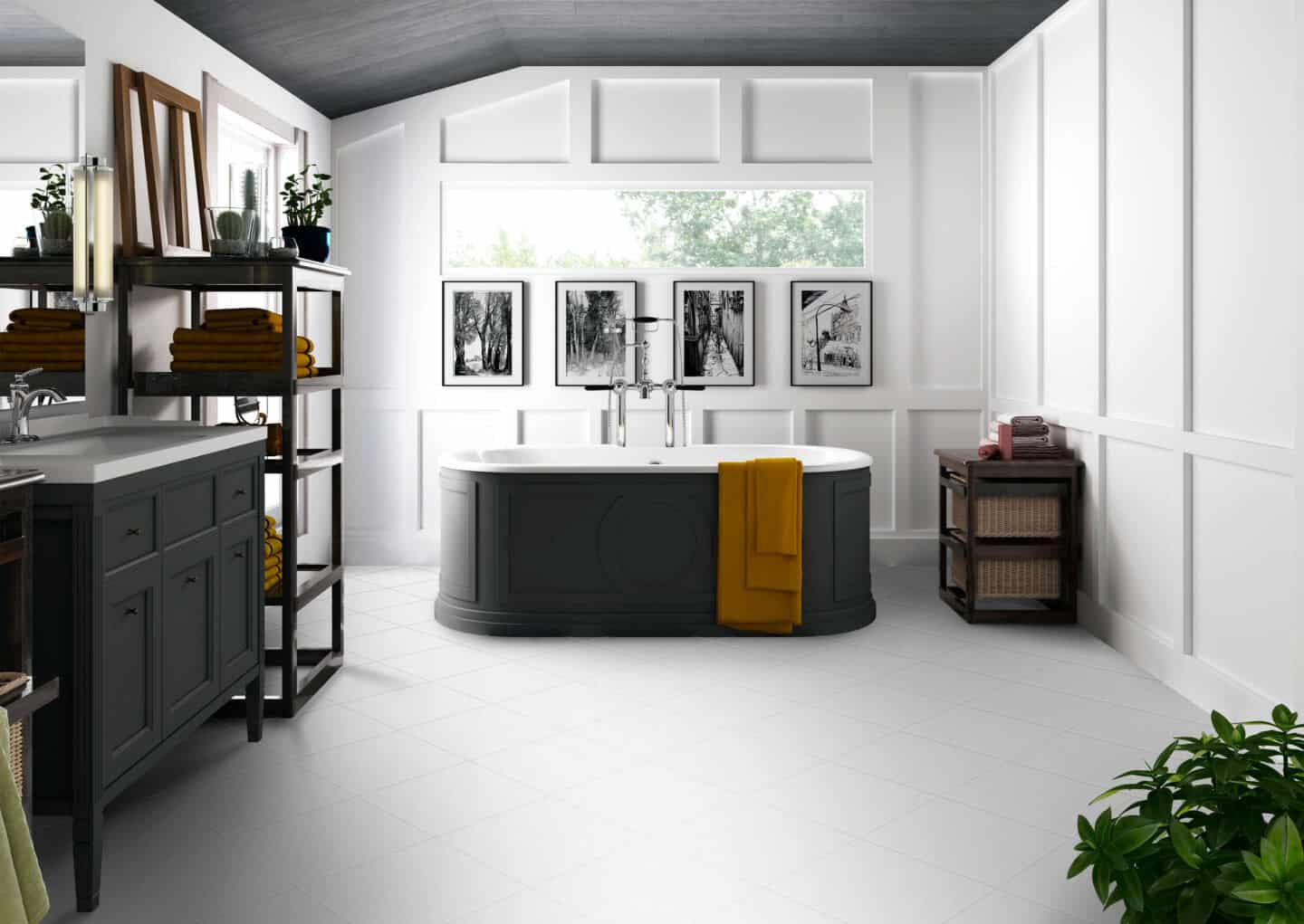 A freestanding bath in a bathroom with white panelled walls and white ceramic floor tiles