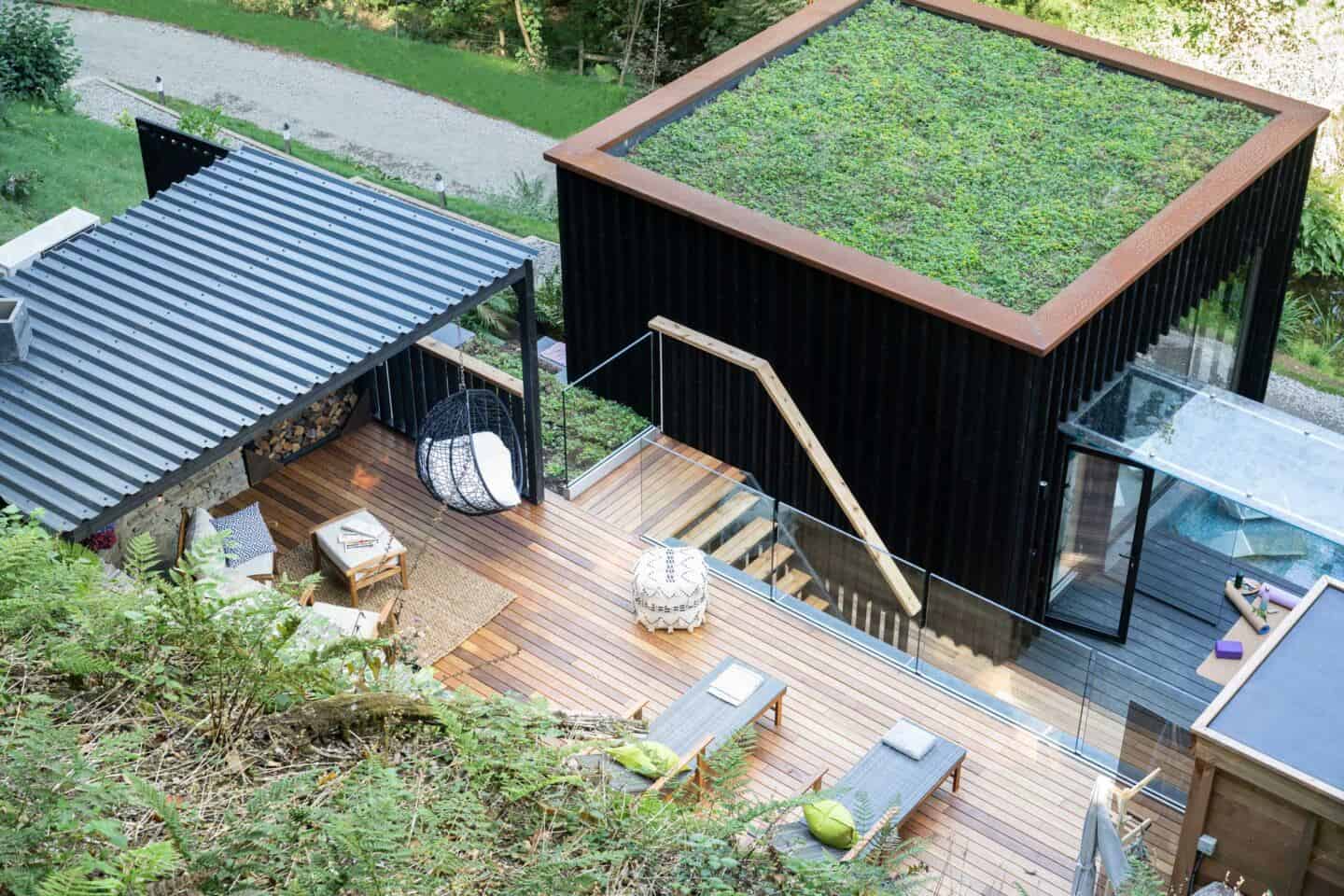 An aerial view of the upper deck and living roof at Wildwood Spa in North Devon.
